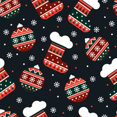 Icons style Christmas and New year seamless pattern with felt boots, Christmas tree decorations and snowflakes.