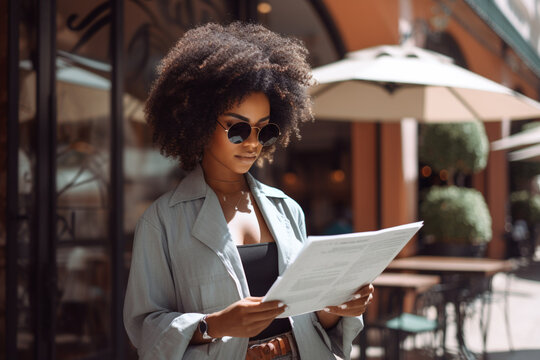 Black Woman Looking At Outdoor Menu In The Streets Of A Modern