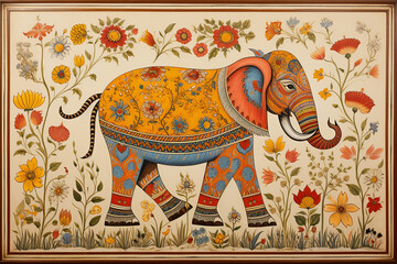 Traditional madhubani style painting of an elephant on a textured background.