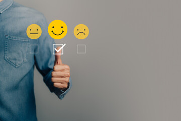 Customer service satisfaction survey, feedback from client, digital concept online, business quality and product, employee happy review, user give rating to service experience on online application.