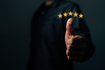 Customer satisfaction survey concept, customer feedback, the best service from employees, users give a 5-star rating online digital business, best experience in service from a reputable organization.
