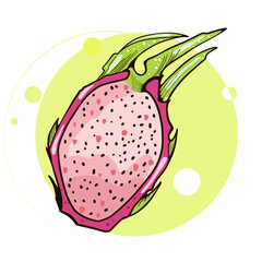 Vector illustration of summer tropical fruit for healthy lifestyle. Half dragon fruit. Doodle flat icon isolated on white background with colorful circle. Element for digital resources graphic fruit