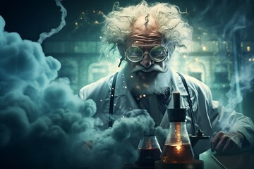 Mad Scientist in the Lab with Smoking Potions