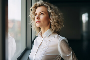 Caucasian businesswoman standing in office and looking out of window, Mature woman looking away