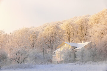 Obraz premium Old house by the forest on a cold foggy winter day