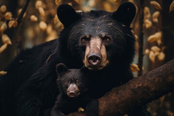 A mother black bear plays with her child in the forest - obrazy, fototapety, plakaty