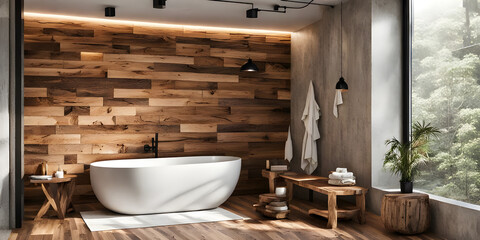Rustic interior design of modern bathroom with wooden wall and bathtub decorated.