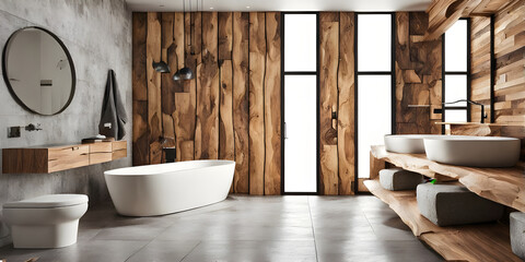 Rustic interior design of modern bathroom with wooden wall and bathtub decorated.