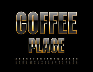 Vector trendy advertisement Coffee Place. Stylish Black and Gold Font. Chic Alphabet Letters and Numbers