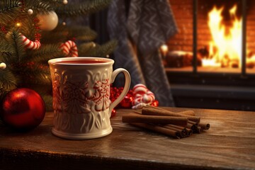 Obraz na płótnie Canvas A Mug of hot chocolate by the fireplace during christmas