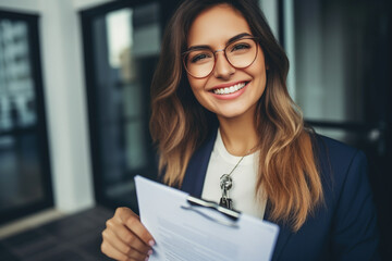 Close up focus on keys, smiling woman Real Estate Agent selling apartment, offering to client, showing at camera, holding documents, contract, making purchasing deal, real estate agent, mortgage or re