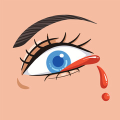 Blood coming out from blue pupil colored eye. Vector illustration isolated on square background. Simple flat cartoon art styled drawing with anger or horror theme.