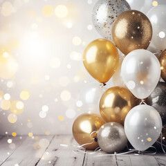 Naklejka na ściany i meble Grey, Silver and gold birthday balloons. Birthday card concept. Copy space.