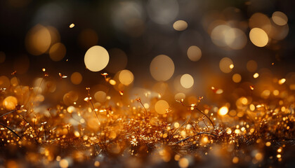 Magical golden bokeh lights with delicate flora