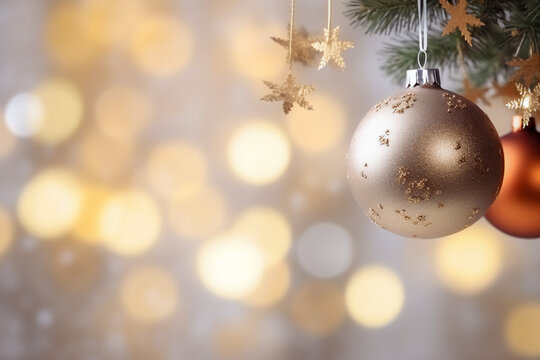 Christmas and new years eve decoration with blurry background. Beautiful holiday template with christmas ball