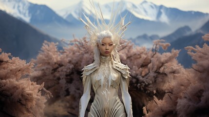 Fantasy and beautiful woman model in white futuristic fashion