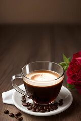 Glass Mug Cup of Americano Cappuccino Espresso Mocha Coffee On Saucer With Roses And Napkin Morning Routine Cafe Life