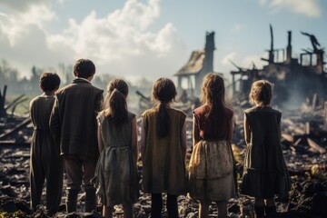 Children look at their ruined home from war. Children are the innocent victims of war. They deserve to live in peace and safety. - obrazy, fototapety, plakaty