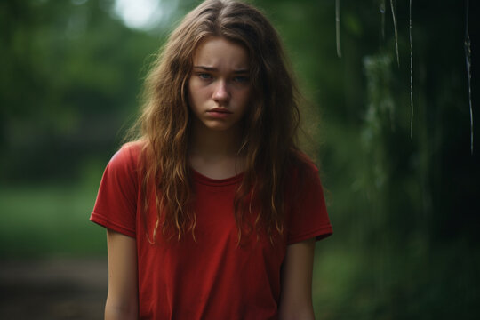 Dramatic Portrait of Sad teenage girl crying outdoors