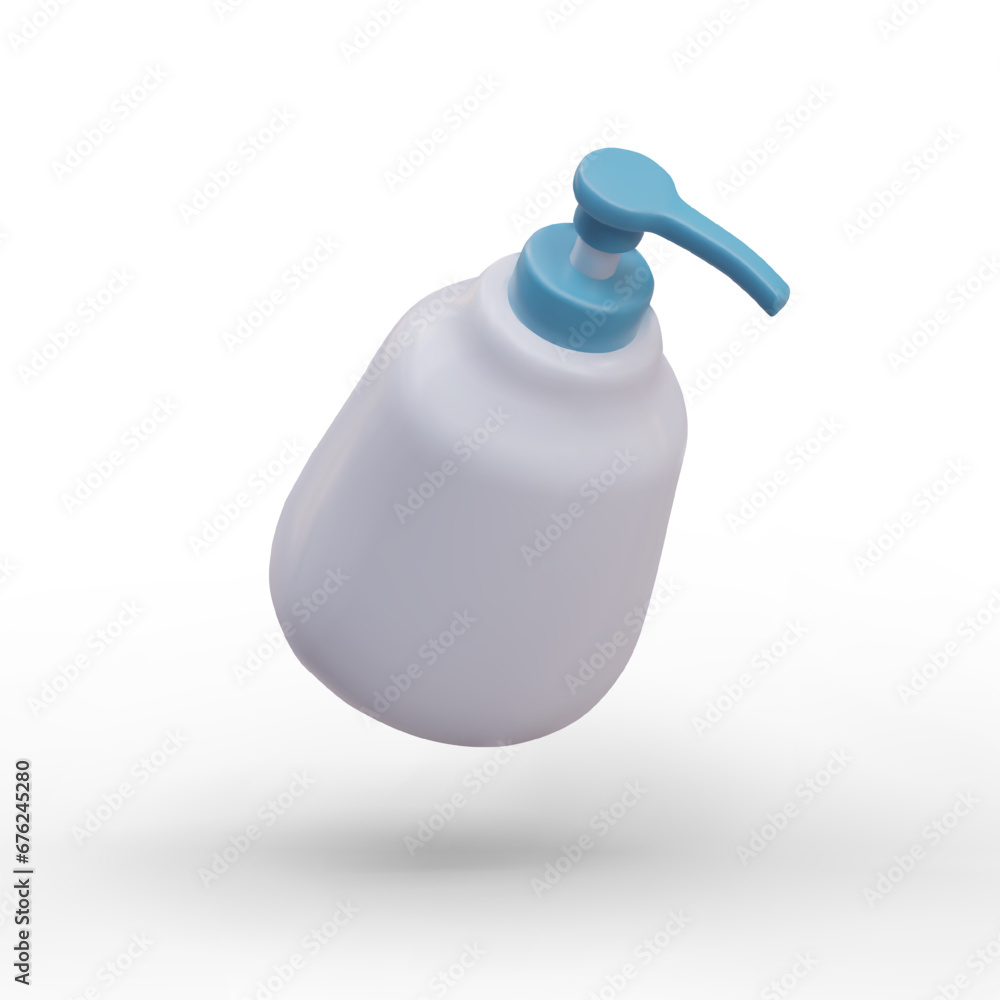 Poster 3d bottle with soap, shampoo or detergent and blue dispenser. mock-up with plastic container for dif