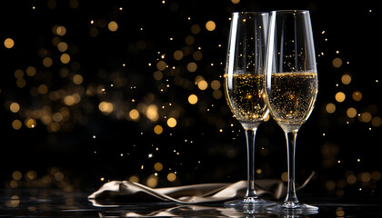 Sparkling champagne in flutes with golden bokeh. - obrazy, fototapety, plakaty
