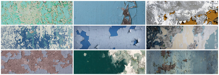 Set of peeling paint textures. Old concrete walls with cracked flaking paint. Weathered rough...