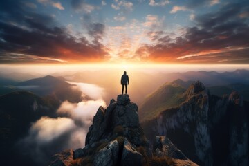 Person standing on a mountain peak - obrazy, fototapety, plakaty