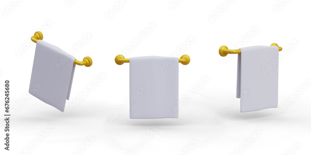 Poster set of white towels on metal holder. vector image in different positions with shadows. place for log