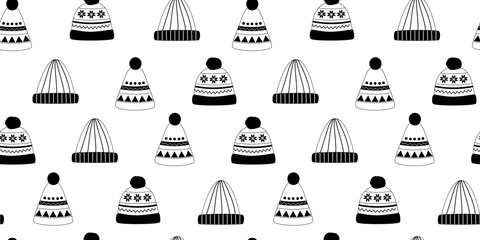 Linear warm hats seamless pattern. Doodles. Warm head wear. Autumn and winter essentials. Christmas. Line art. Coloring book. Background, digital paper, wrapping paper.