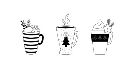 Linear Christmas mugs with hot drinks, cream and gingerbread. Line art. Doodles. Coloring book.