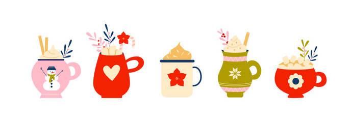 Colorful festive mugs with hot drinks, cream and marshmallows. Cozy coffee and tea time. Christmas.