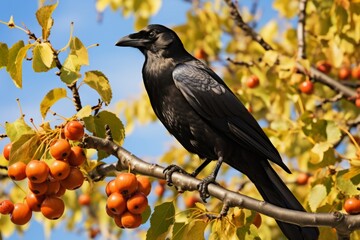 A raven crow sits in a walnut tree and steals nuts