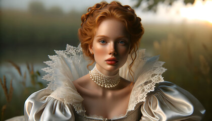 A classic portrait capturing the essence of a Renaissance-era woman. - obrazy, fototapety, plakaty