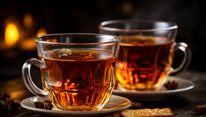 Two glass cups of tea with star anise on saucers, warm fireplace glow in the background.