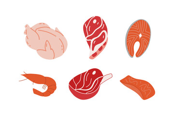 Set of hand draw meat and fish set. Salmon,shrimps,chicken and beef.