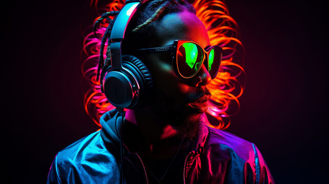 Photo of a male DJ with headphones on his head in neon light.
