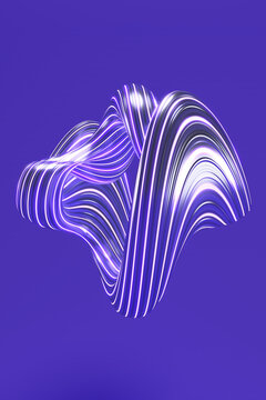 White blue purple grey striped glossy abstract curved 3d shape on blue indigo background. Retro futuristic vertical illustration high resolution for journal, website, social media, wallpaper, poster