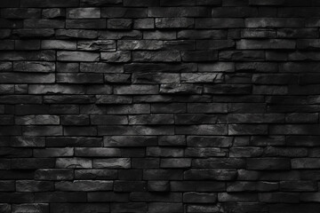 The close up detail of black brick wall texture and pattern in the style of grunge and ominous vibe, wallpaper and background. Generative AI.