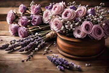 Obraz na płótnie Canvas lavender flowers in vase and some flowers on floor 