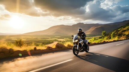 Motorcycle on an Open Road Surrounded by Nature. generative AI