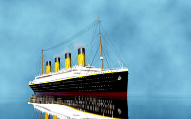 Steamboat ocean liner ship general view 3D render image in HDR sea level view - 676248418
