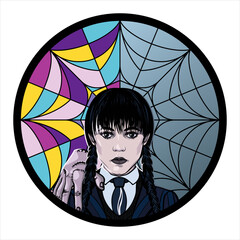 Wednesday stained glass window background. Stained glass window in the form of a web with divided halves. The concept of good and evil. Multi-colored window with rainbow mosaic. Vector illustration