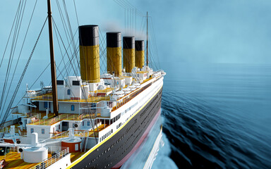 Steamboat ocean liner ship detail rear view 3D render image in HDR sea level view - 676248477