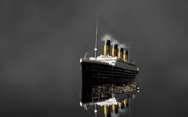 Steamboat ocean liner ship at night with smoking chimneys 3D render image in HDR sea level view - 676248479