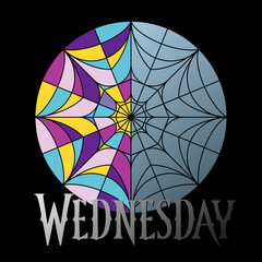 Wednesday stained glass window background. Stained glass window in the form of a web with divided halves. The concept of good and evil. Multi-colored window with rainbow mosaic. Vector illustration