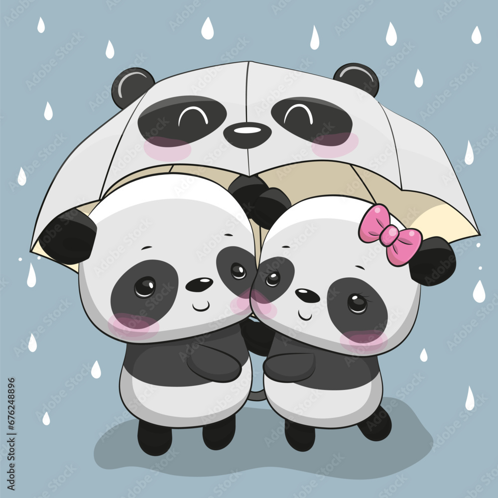 Wall mural Cartoon pandas with umbrella under the rain