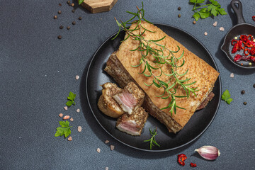 Piece of salty high-fat meat cooked with spices. Salo, bacon, lard, silverside, gammon