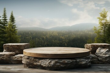 Stone product display podium. Nature view in the background. Front view.
