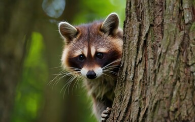 A curious raccoon peeking out from behind a tree