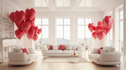 Red heart-shaped balloons in a bright modern living room.